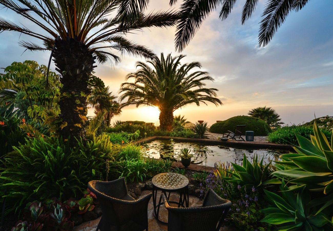 Villa Botanico is een luxe vakantievilla met tuin, verwarmd zwembad en panoramisch zeezicht in Puntagorda, La Palma