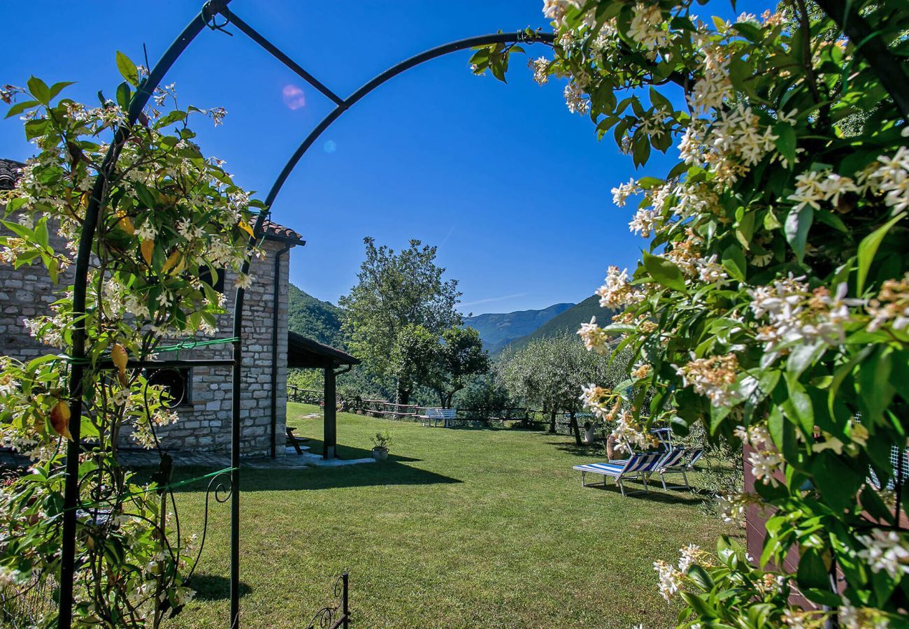 Villa Giulia is een vakantiehuis met geweldig uitzicht, privezwembad en twee eigen woonlagen, in Acqualagna, Le Marche